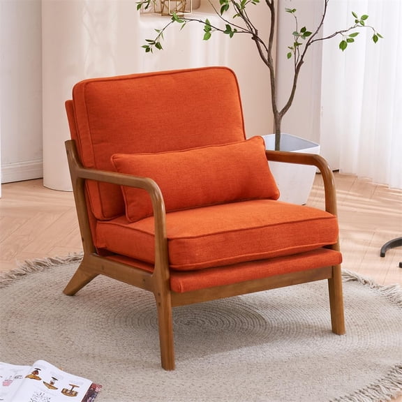 Accent Chair, Mid-Century Modern Upholstered Armchair with Lumbar Pillow, Comfy Lounge Chair Reading Chair with Solid Wood Frame & Soft Cushion for Living Room, Bedroom, Balcony, Burnt Orange