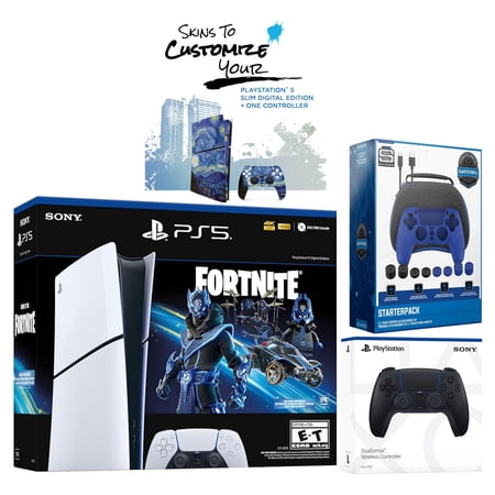 Sony PlayStation 5 Slim Digital PS5 Fortnite Cobalt Star with Extra Midnight Black Controller, Pro Gamer Starter Pack and MightySkins Voucher Bundle
