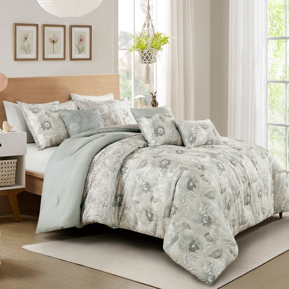 Floral Grey Comforter Set King Size - 7-Pieces Eriel Floral Bedding Set