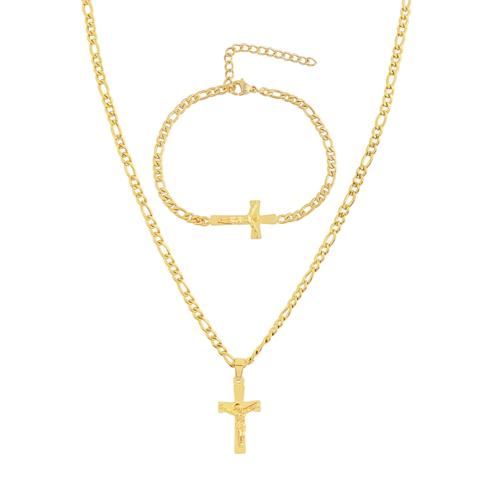 Edforce Stainless Steel Women's Men's 14K Gold Plated 20 inch Figaro Link  Chain Necklace with | Crucifix Cross Pendant | and Matching Bracelet