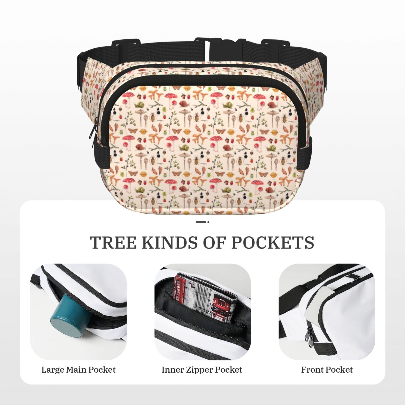 Picia Retro Autum Mushrooms Print Square Double-Layer Waist Bag Mini Adjustable Waist Belt Bag Exercise Running Travel Hiking