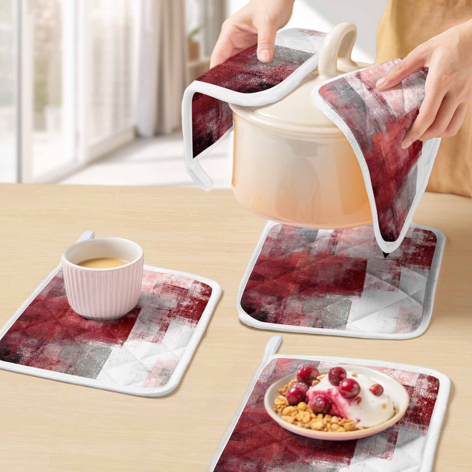Red Grey Oil Painting Pot Holders for Kitchen Heatproof Potholder, 2 Pack Abstract Modern Street Smear Art Hot Pads Multipurpose Oven Pads Cloth Potholders Trivet for Cooking and Baking
