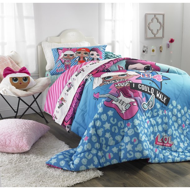 LOL Surprise Kids Full Bed in a Bag, Comforter and Sheets, Blue