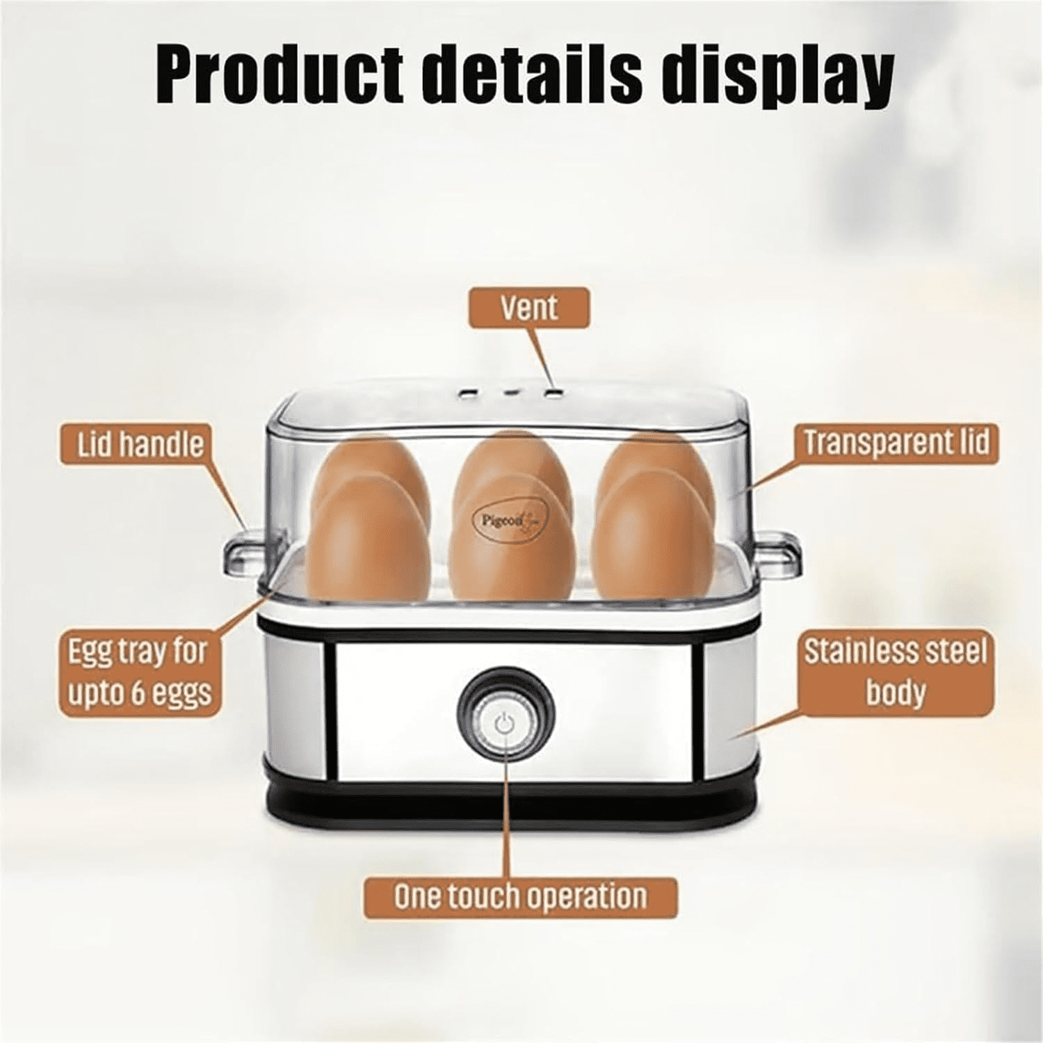 Smart egg cooker with automatic shutoff function, easy to boil eggs, top stainless steel egg cooker, one-touch operation, with tray cover, can boil 6 eggs, suitable for hard boil/soft boil/medium boi