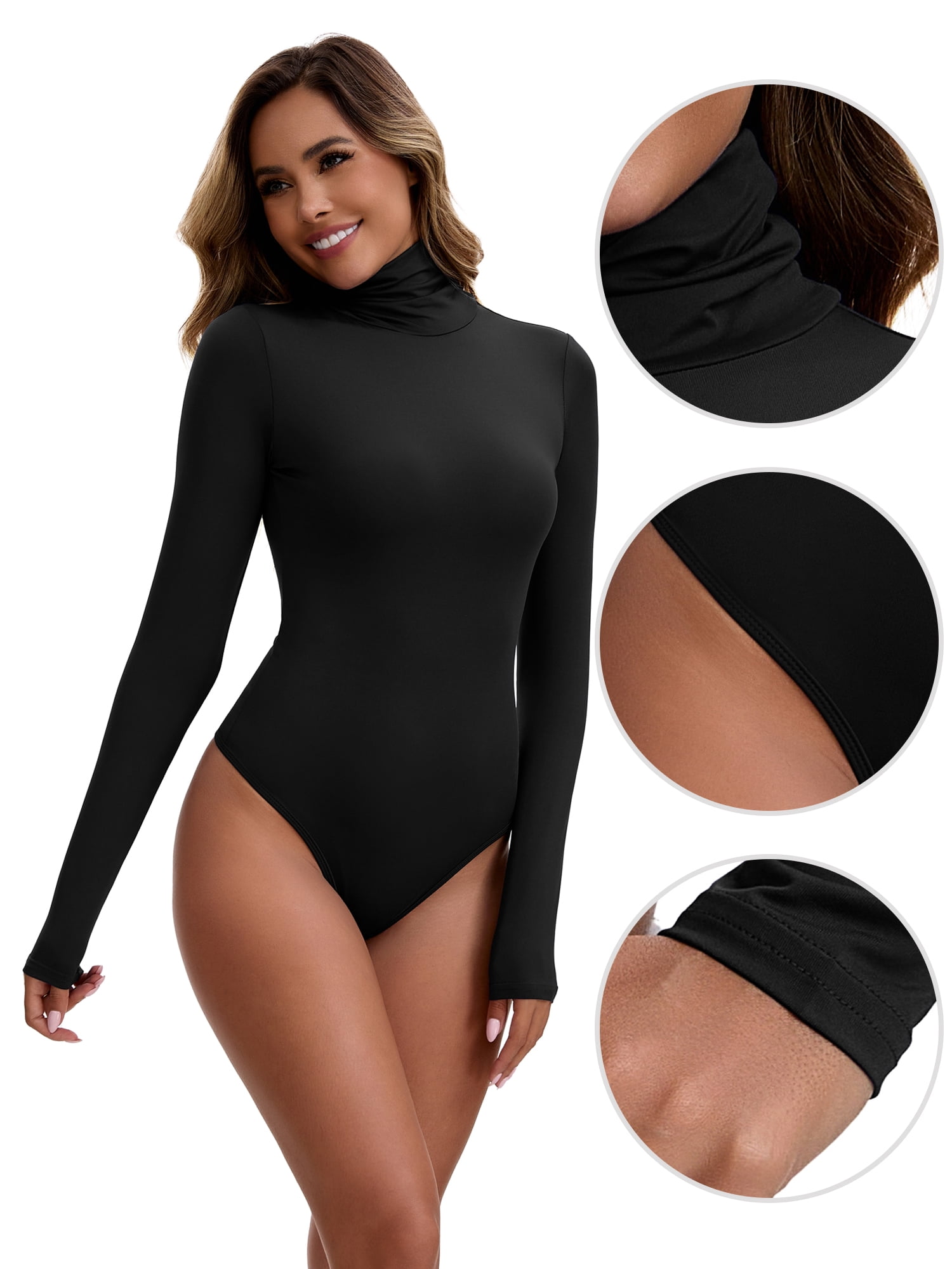 Unique Bargains Women's High Neck Tops Slim Fit Bodysuit Jumpsuit XL Black