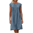 thumbnail image 2 of LYEAA Plus Size Dresses Short Sleeve Casual Elegant Loose Cotton Linen Midi Sundress Crewneck Solid Ruched Fashion Flowy Modest Summer Beach Vacation Women's Comfortable Dresses Blue 5XL, 2 of 8