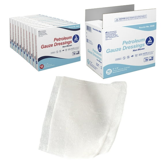 Dynarex Petroleum Gauze Dressings, 3" x 9", Sterile & Latex-Free, Non-Adherent Gauze Impregnated by Petroleum Jelly for Wound Care, Single Pouches, 1 Case of 120 (10 Boxes of 12)