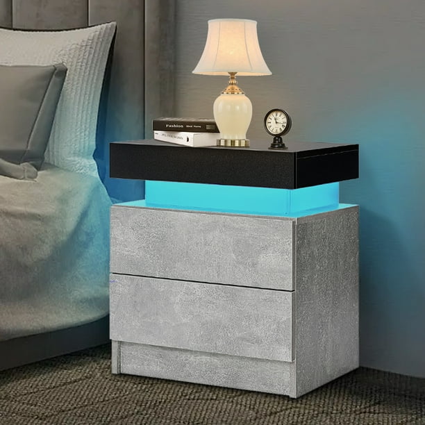 Hommpa 2 Drawer Modern Nightstand with RGB LED Light High Gloss Bedside ...