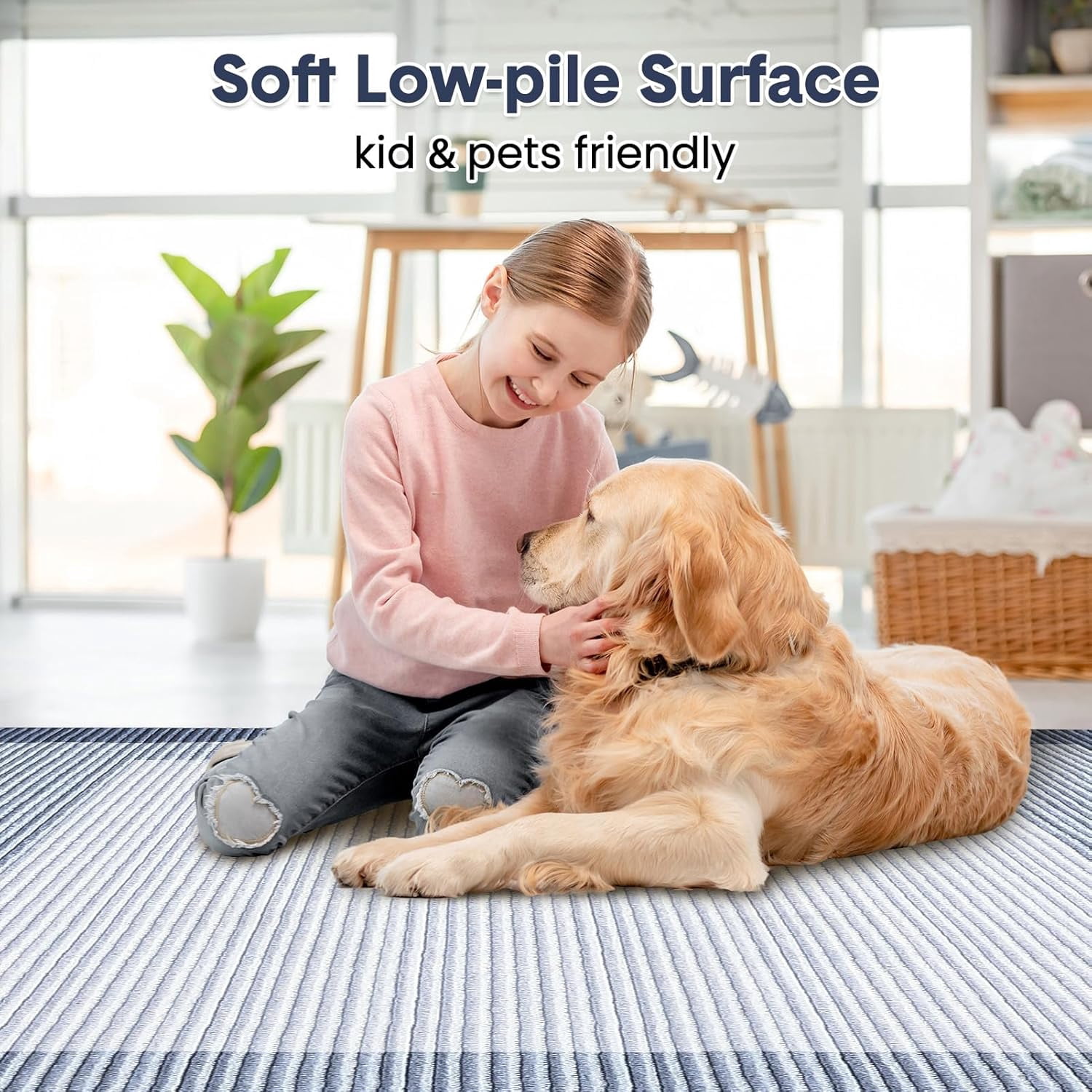 Area Rug 10x13 Modern Neutral Solid Large Machine Washable Rug for Living Room, Non-Slip Non Shedding Bordered Soft Carpet, Low Pile Indoor Foldable Printed Rug for Bedroom, Dining Room, Blue