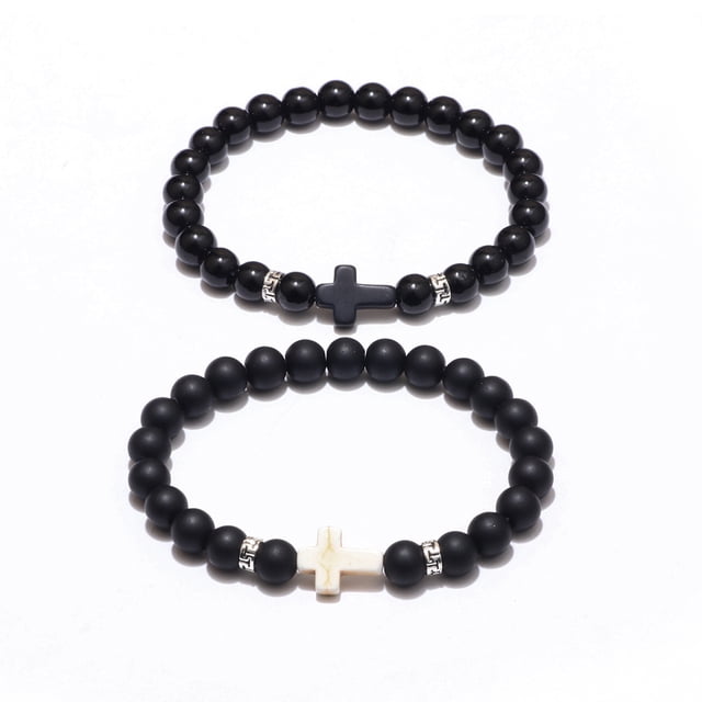 Set de pulseras con forma de cruz de obsidiana para parejas, hechas a mano con piedra mate