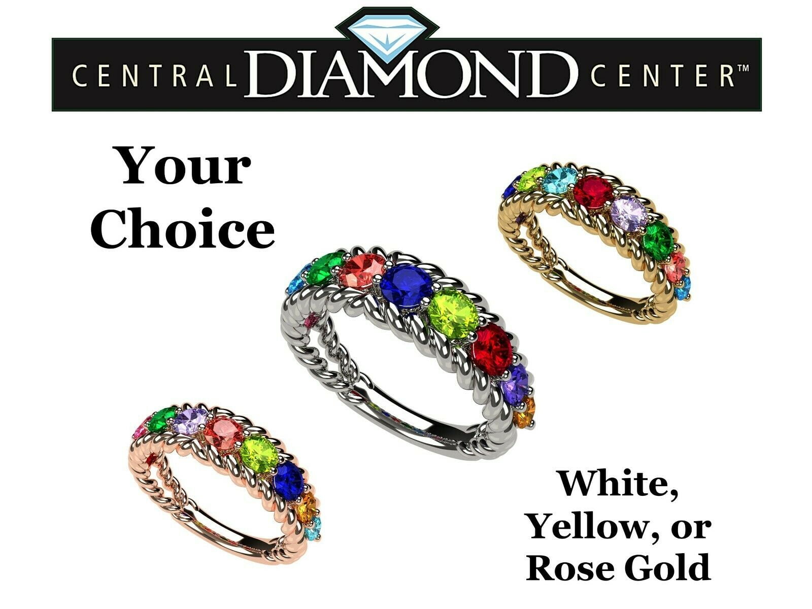Nana Rope Mothers Ring 2 Birthstone 1-10 Simulated, Rose Gold Plated, Size 6.5 - Stone 2 for Women