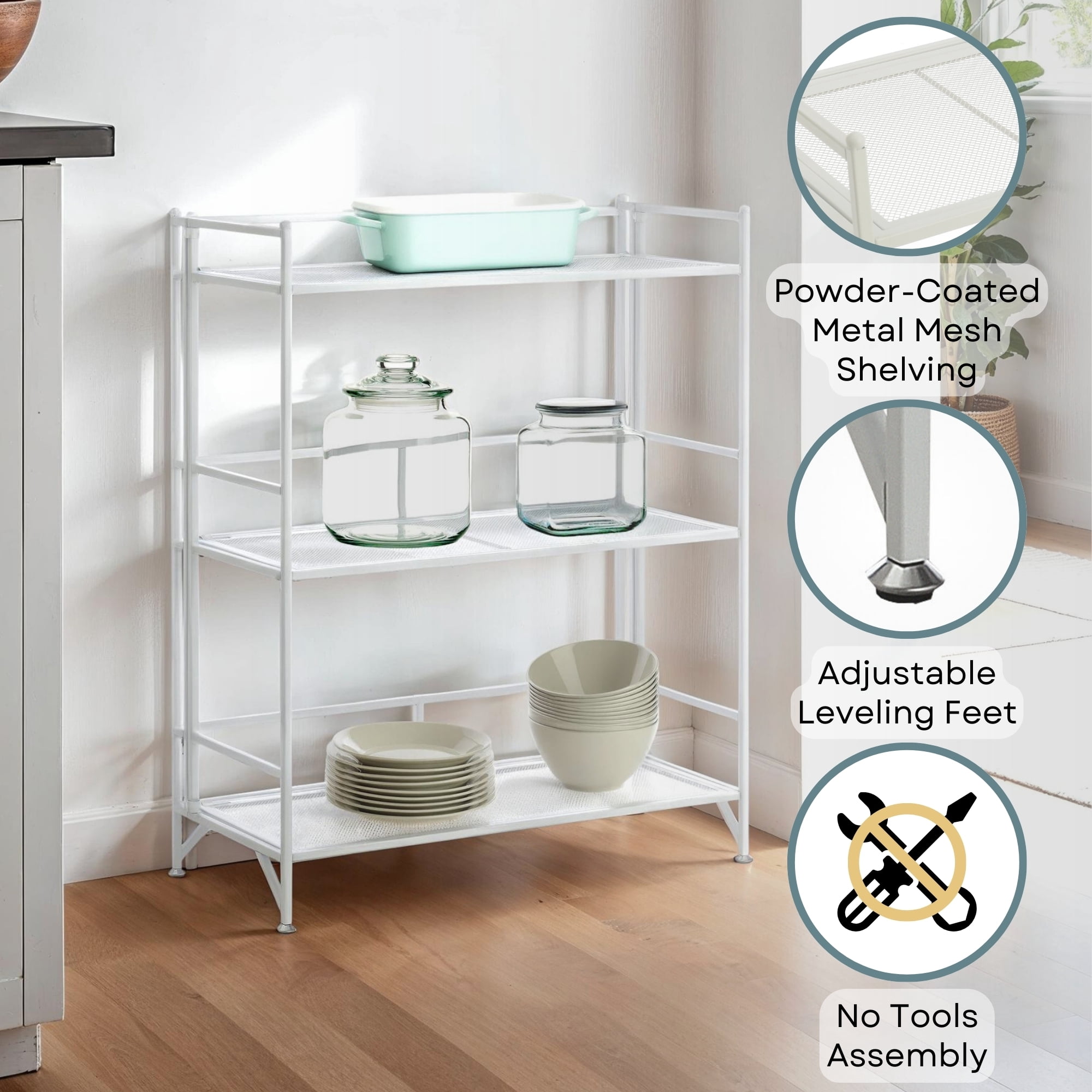 Convenience Concepts Xtra Storage 3 Tier Wide Folding Metal Mesh Shelf, White