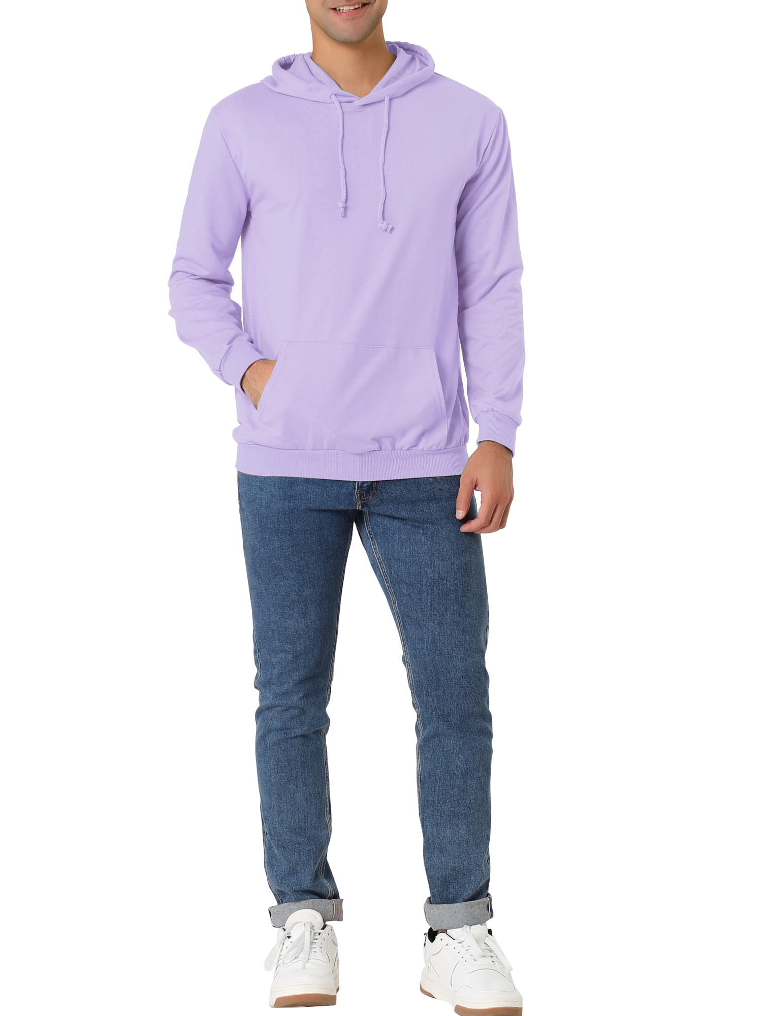 Unique Bargains Men's Hoodie Sweatshirt Long Sleeves Solid Drawstring Pullover L Light Purple