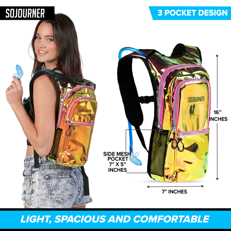 Sojourner Rave 2 Liter Hydration Pack Backpack in Holographic Pink Sojourner Rave Hydration Pack Backpack 2 Pocket Holographic  main image 4