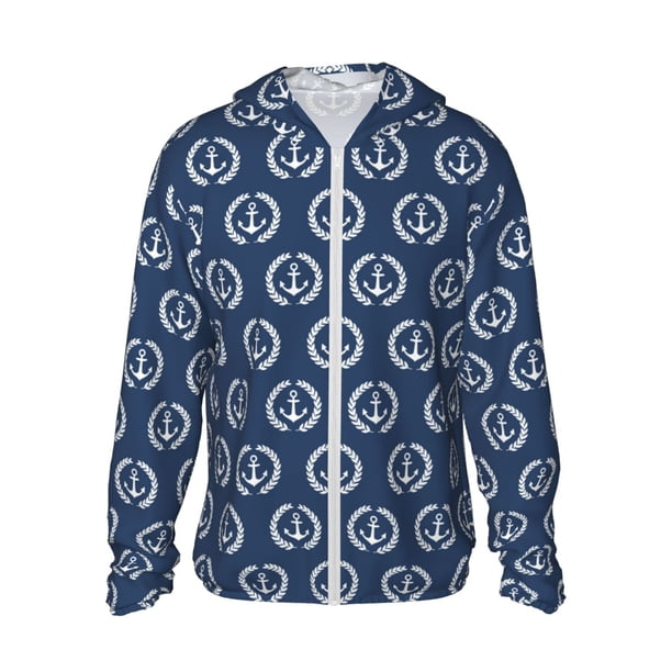Fotbe Navy Nautical Chaqueta con Protección Solar UPF 50+ para Hombre y Mujer, Camisa con Capucha y Bolsillos-Medium