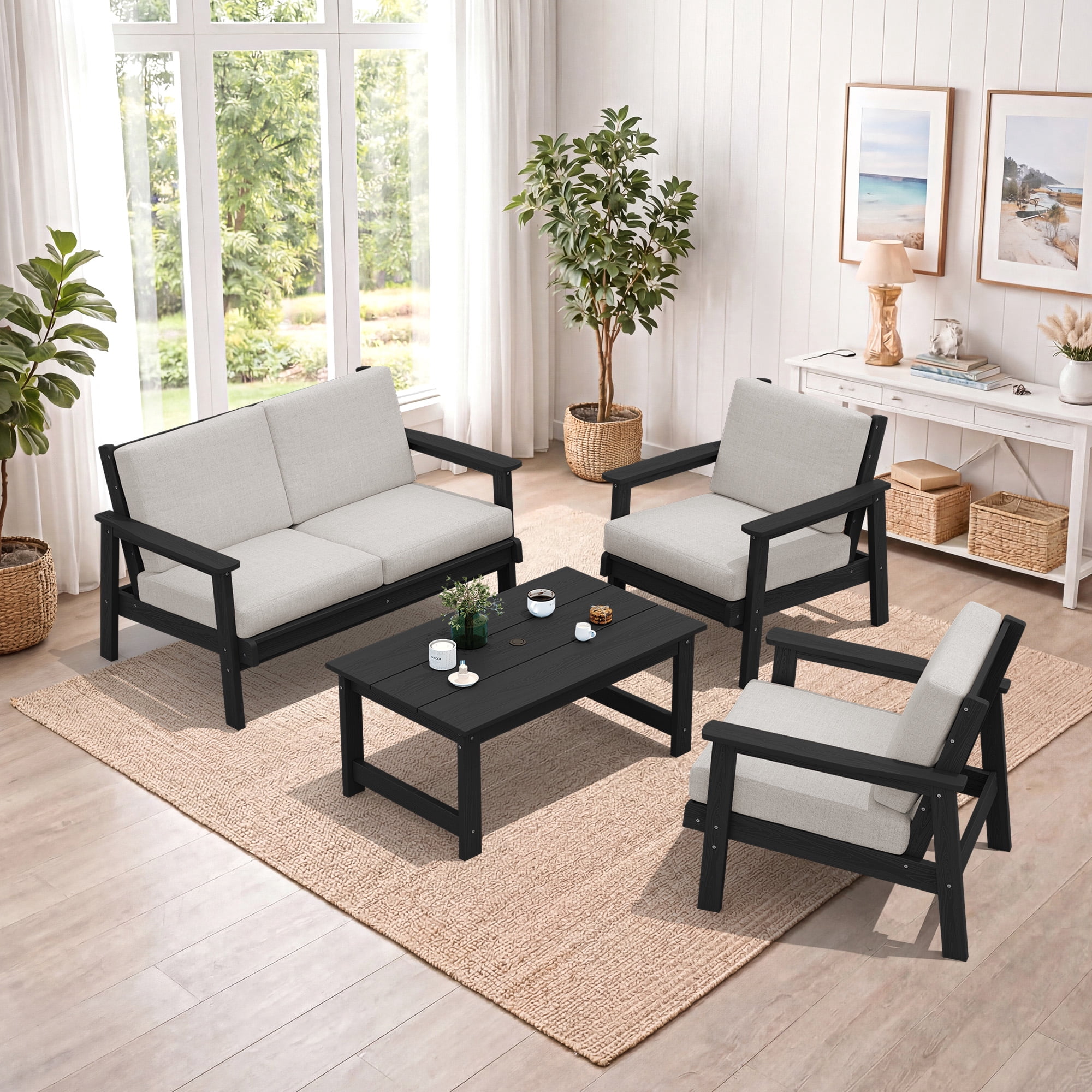 SERWALL 5 Pieces Outdoor HDPE Patio Furniture Sets, Conversation Sets with Cushions, 2 Armchairs & 1 Loveseat & 1 Coffee Table for Poolside, Balcony, Porch & Backyard, Black / Khaki