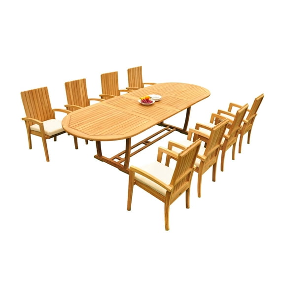 Grade-A Teak Dining Set: 8 Seater 9 Pc: 118" Mas Oval Trestle Leg Table And 8 Goa Stackng Arm Chairs Outdoor Patio WholesaleTeak #51GO1709