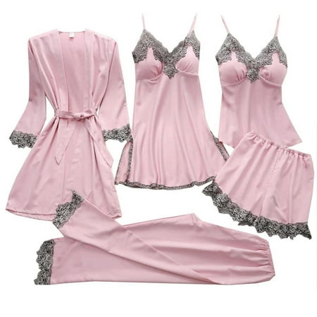 

cuitcosohg Sleep Dress for Women Women s Satin Pajama Set 5Pcs Sleepwear Silky Pajama Set Lace Cami Pjs With Robe Nightwear Other Lace Thong Plus Size Panties