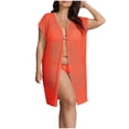 thumbnail image 2 of Women's Plus Size V Neck Open Front Cardigan Swimsuit Cover Up Hollow out Mesh Beach Lightweight Breathable Coverups for Swimwear Floral Print Swim Cover up Wrap Red One Size, 2 of 6