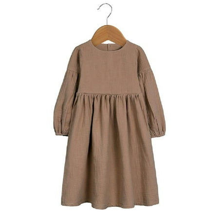 

Godderr Kid Baby Girl Dress Round Neck Cotton Linen Lantern Sleeve Long Sleeve Soft Princess Dresses