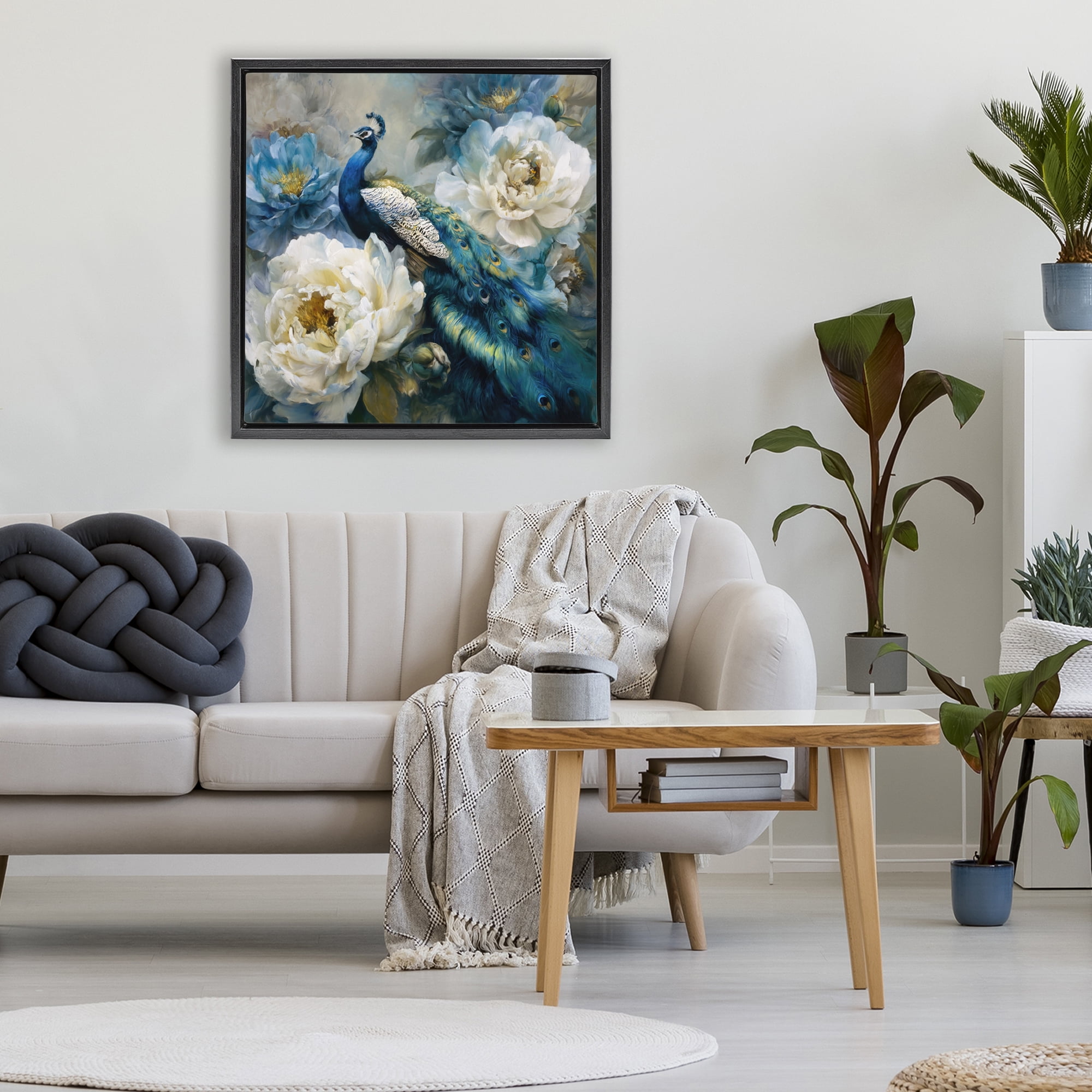 Stupell Industries Pretty Peacock with Roses Black Framed Floater Canvas Wall Art, design by Tina LeCour