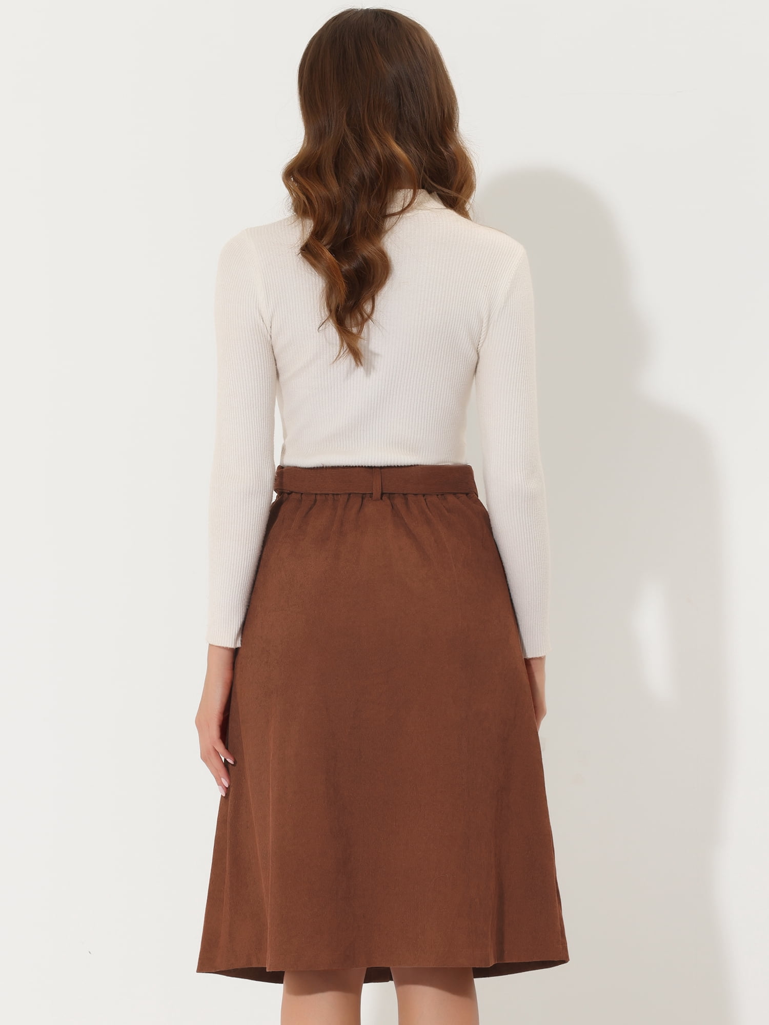 DARING DIVA Women's A-Line Button Front Belted Midi Skirts XS Brown