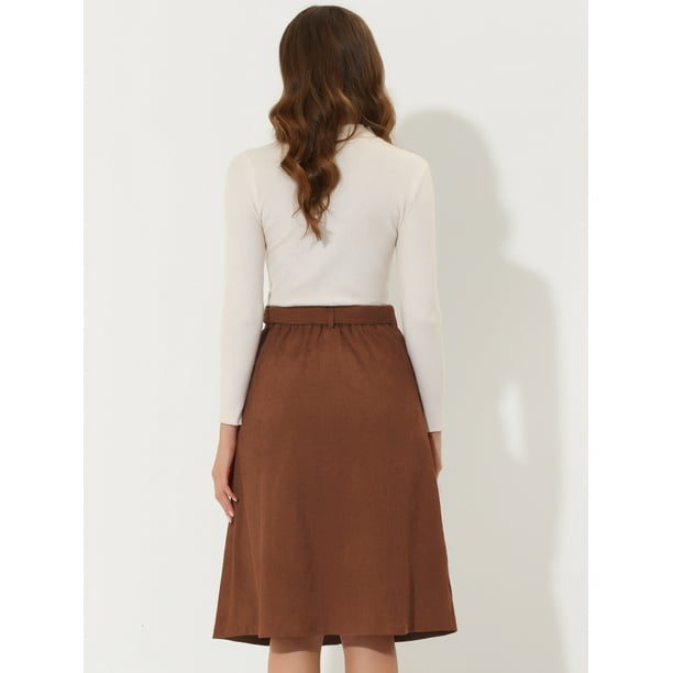 Allegra K Women s High Waist Midi Skirts A Line Button Front Belted Corduroy Skirt Brown XL