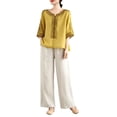 thumbnail image 5 of NMMUED Womens Linen Set 3/4 Sleeve Embroidered Tops and Pants Linen Pants Set for Women Boho Peasant Blouses for Seniors Cotton Linen Womens Lounge Sets 2 Piece Outfits Yellow M, 5 of 6