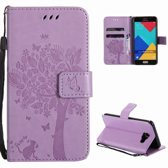 Galaxy A5 2016 Case, Samsung Galaxy A5 Case, Allytech [Embossed Cat & Tree] Slim PU Leather Case Full Protective Flip Kickstand Cover with Wrist Strap for Samsung Galaxy A5 2016 Version, Lightpurple