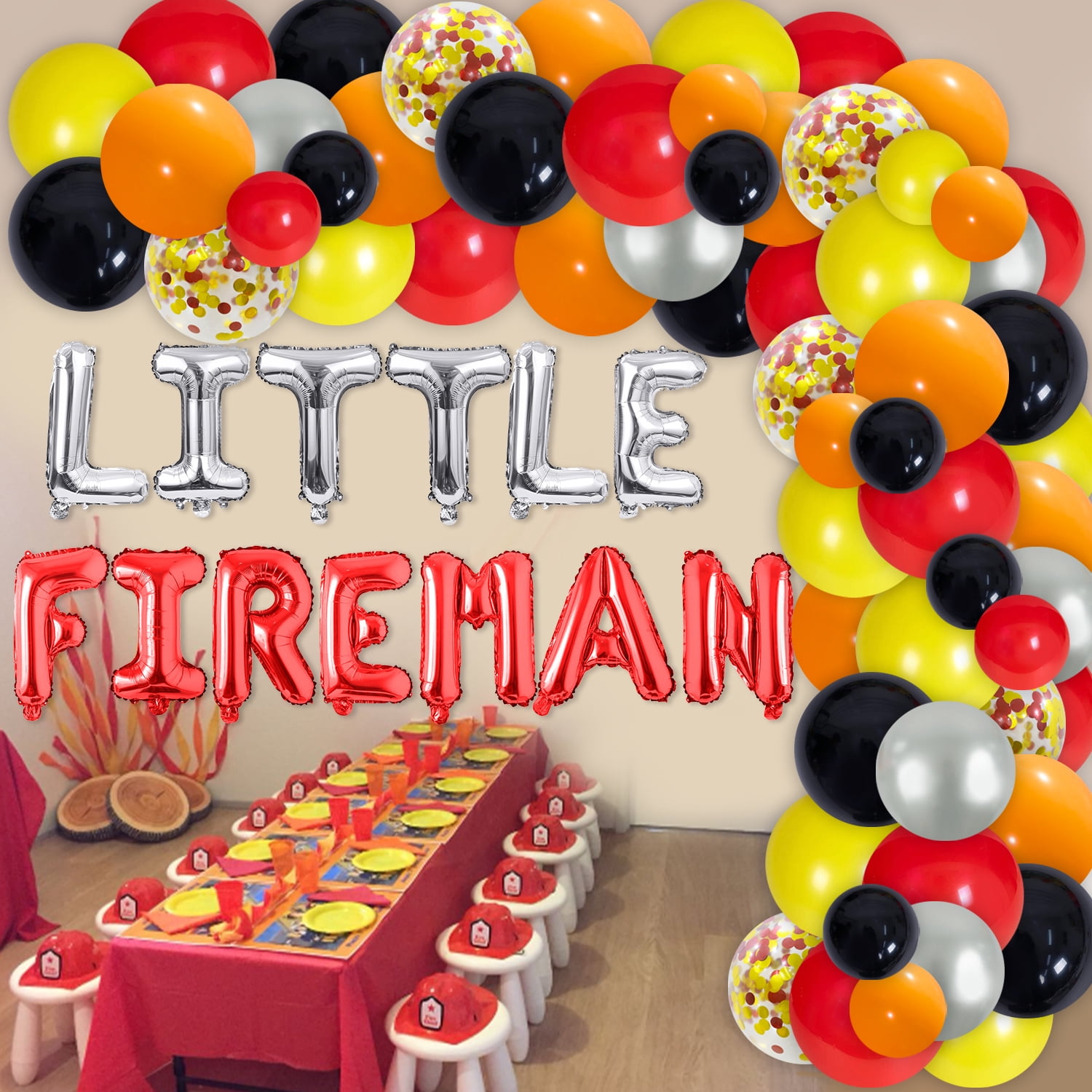 Little Fireman Birthday Party Supplies, Fire Truck Birthday Decoration, Red Orange Yellow Latex Balloons Arch Kit, Fire Engine Foil Balloons for Boys Adults Fire Themed Birthday Party Supplies