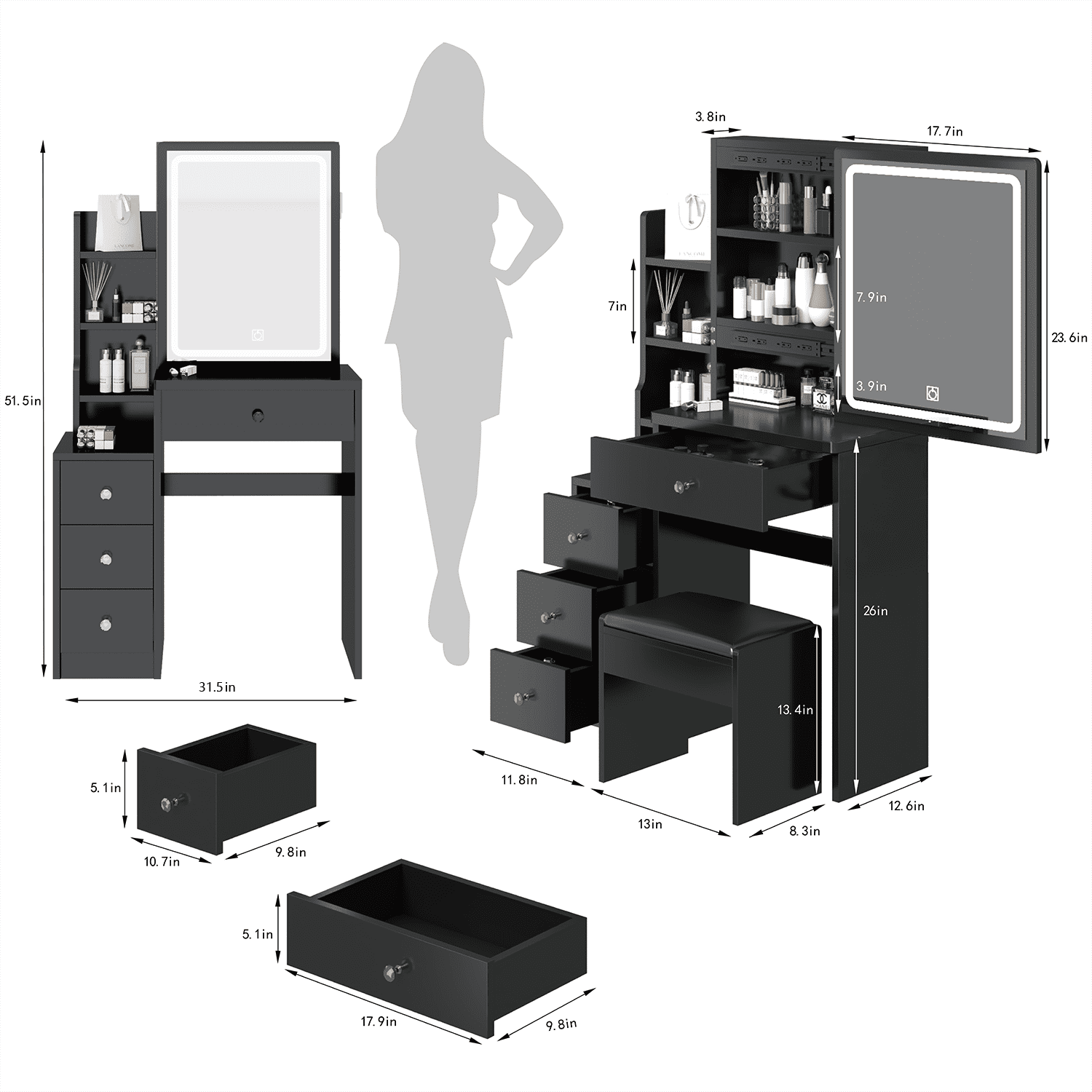 Resenkos Makeup Vanity Desk Set with Mirror and Lights and Cushioned Bench, 4 Drawers Storage Vanity Table for Bedroom, Black Resenkos Makeup Vanity Desk Set with Mirror and Lights and Cushioned Bench, 4 Drawers Storage Vanity Table for Bedroom, Black