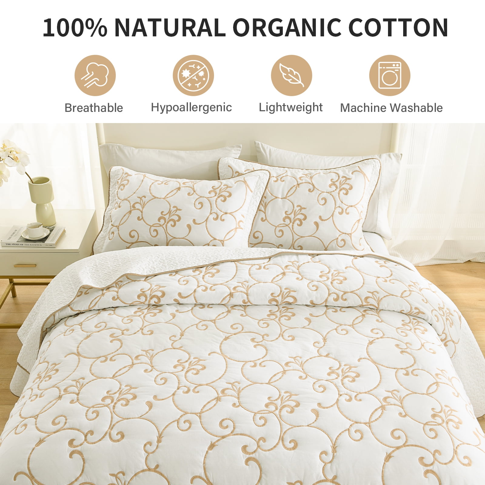 DDUOXIN 100% Cotton 120x120 Bedspread King Size - Gold Beige/White Floral Reversible California King Bedspreads for Bed, Lightweight Elegant Vintage Cal Oversized King Quilts Bedding Set, 3 Piece
