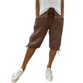 thumbnail image 2 of Linen Shorts for Women 2026 Summer Cotton Linen Bermuda Shorts Drawstring Waist Knee Length Beach Shorts with Pockets Brown M, 2 of 7