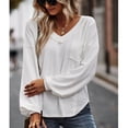 thumbnail image 2 of Camisa de manga larga para mujer, cuello en V, Color puro, corte holgado, Top para mujer con bolsillo en el pecho para el trabajo diario y vacaciones, 2 of 8