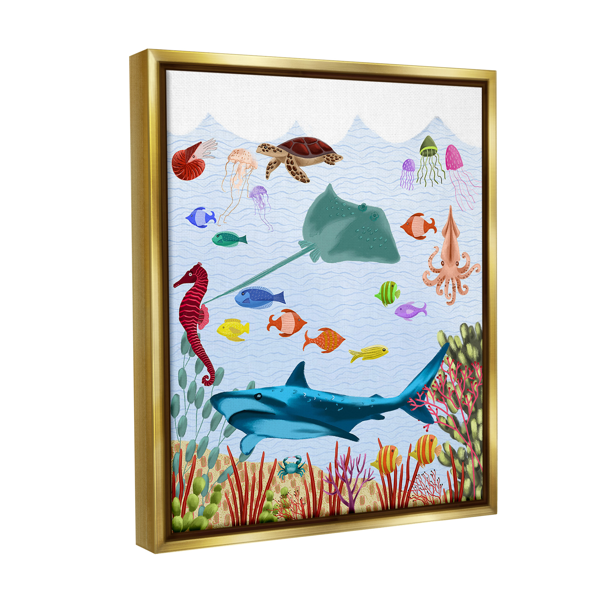 Stupell Industries Underwater Marine Life Animals & Insects Painting Gold Floater Framed Canvas Art Print Wall Art, 25 x 31
