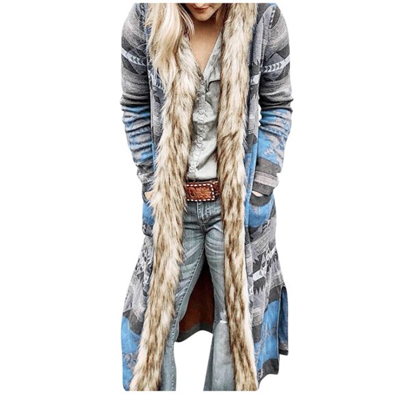 Viikei Plus Size Windbreaker Jackets for Women Womens Windbreaker Jacket Clearance Multicolor Print Wool Collar Long Jacket Windcoat