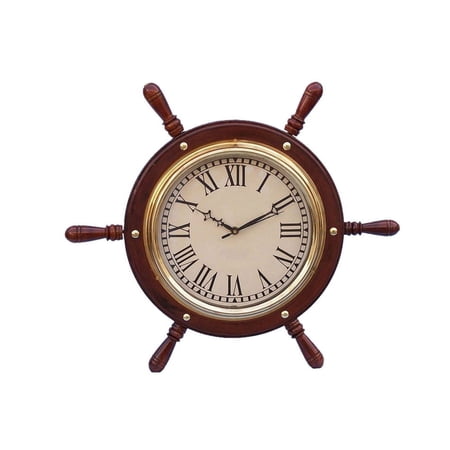 Handcrafted Model Ships SW-1753 Solid Wood & Brass Ship Wheel Clock 15 in. Decorative Accent
