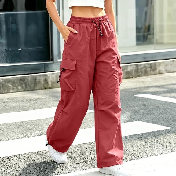Sunnin Womens Solid Color Cargo Pants High Waist Drawstring Elastic Waist Pockets Wide Leg Long Pants XS-L3