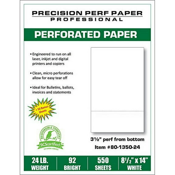 550 Sheets, Legal Size (8.5" x 14"), 24# White Bond with 3-1/2" Perforation, 92 Bright