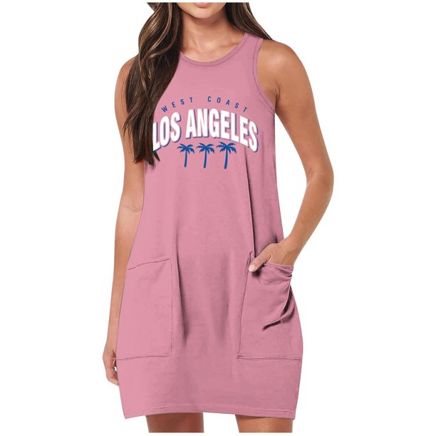 Vestido de Verano para Mujeres, Vestido de Cuello Redondo sin Mangas de Bolsillo de Impresión de Moda Casual Hecha de 95% Poliéster 5% Spandex para Primavera Verano, Vestido Sexy para Mujeres