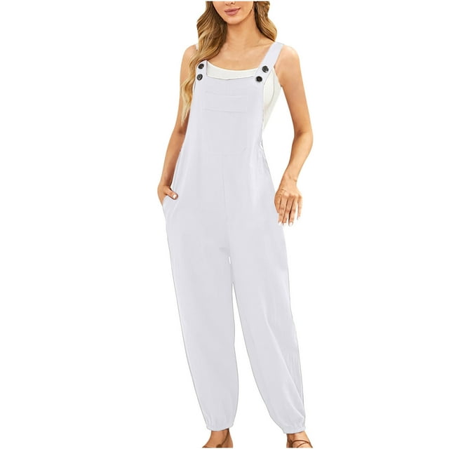 UPPADA Combinaisons pour Femmes Décontractées Amples Combinaisons Couleur Unie Col en V Sans Manches Combinaisons Bretelles Spaghetti Réglables Salopettes Pantalons Longs Combinaison avec Poches Économies Blanc,G