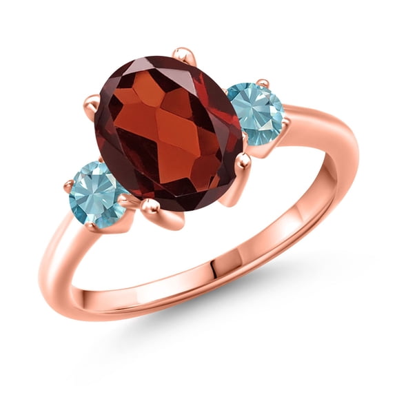 Gem Stone King 3.80 Ct Oval Red Garnet Blue Zircon 18K Rose Gold Plated Silver Ring (Size 8)