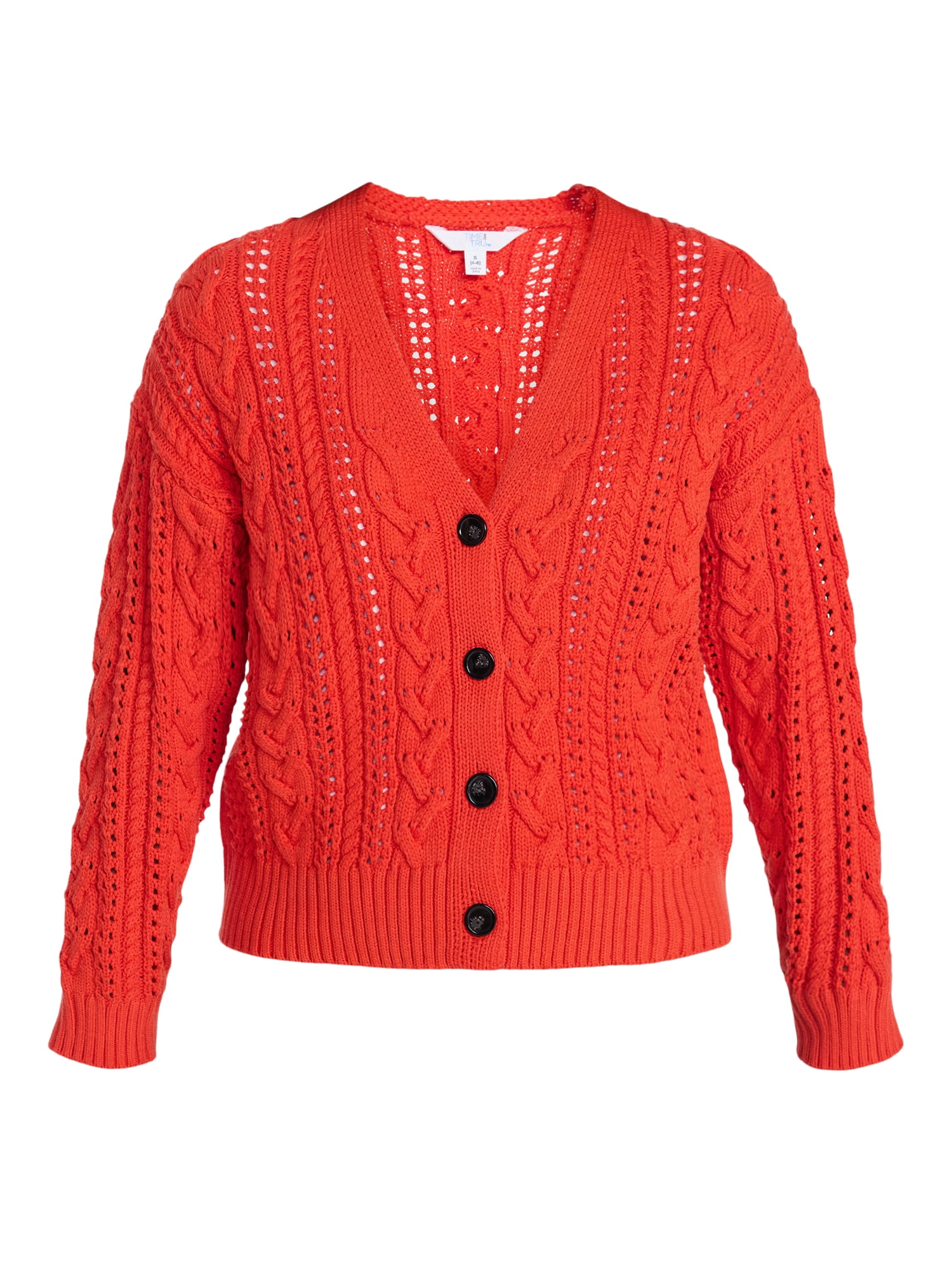 Time and Tru Women's Cable Knit Cardigan Sweater with Long Sleeves, Lightweight, Sizes XS-XXXL