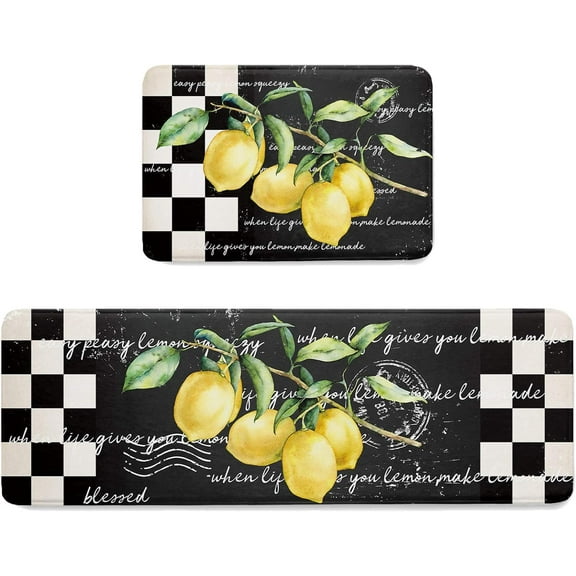 Summer Farmhouse Fruit Lemon Black and White Plaid Kitchen Mat Rug Set of 2 Runner Rug Anti-Fatigue Comfort Memory Foam Standing Mat Non-Slip Floor Door Mat for Bathroom Bedroom 18x30in 18x48in
