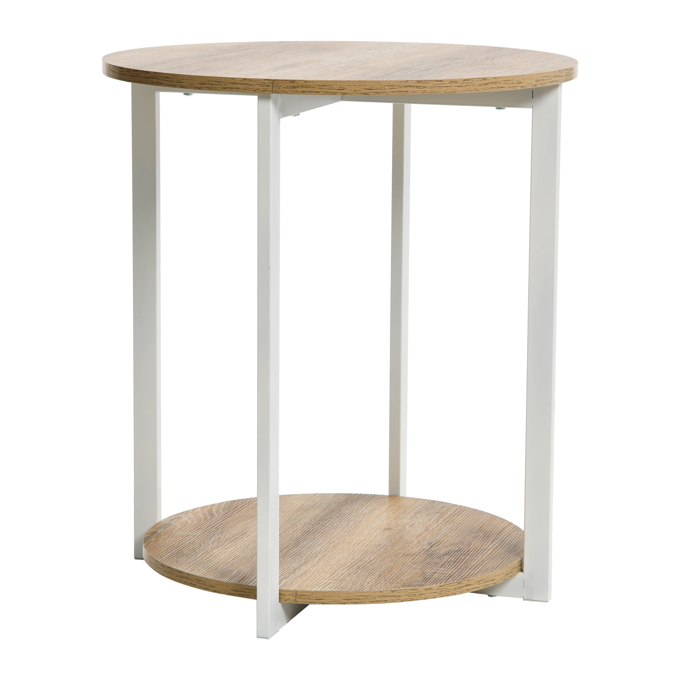 Household Essentials Jamestown Round Side End Table with Storage Shelf Coastal Oak Rustic Wood Grain and White Metal