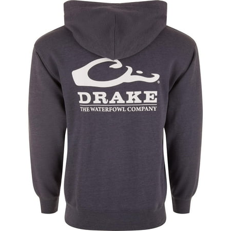 Drake Waterfowl Men s Logo Hoodie ? Midweight Cotton-Poly Fleece Pullover with Jersey-Lined Hood Night Sky Navy Heather X-Large