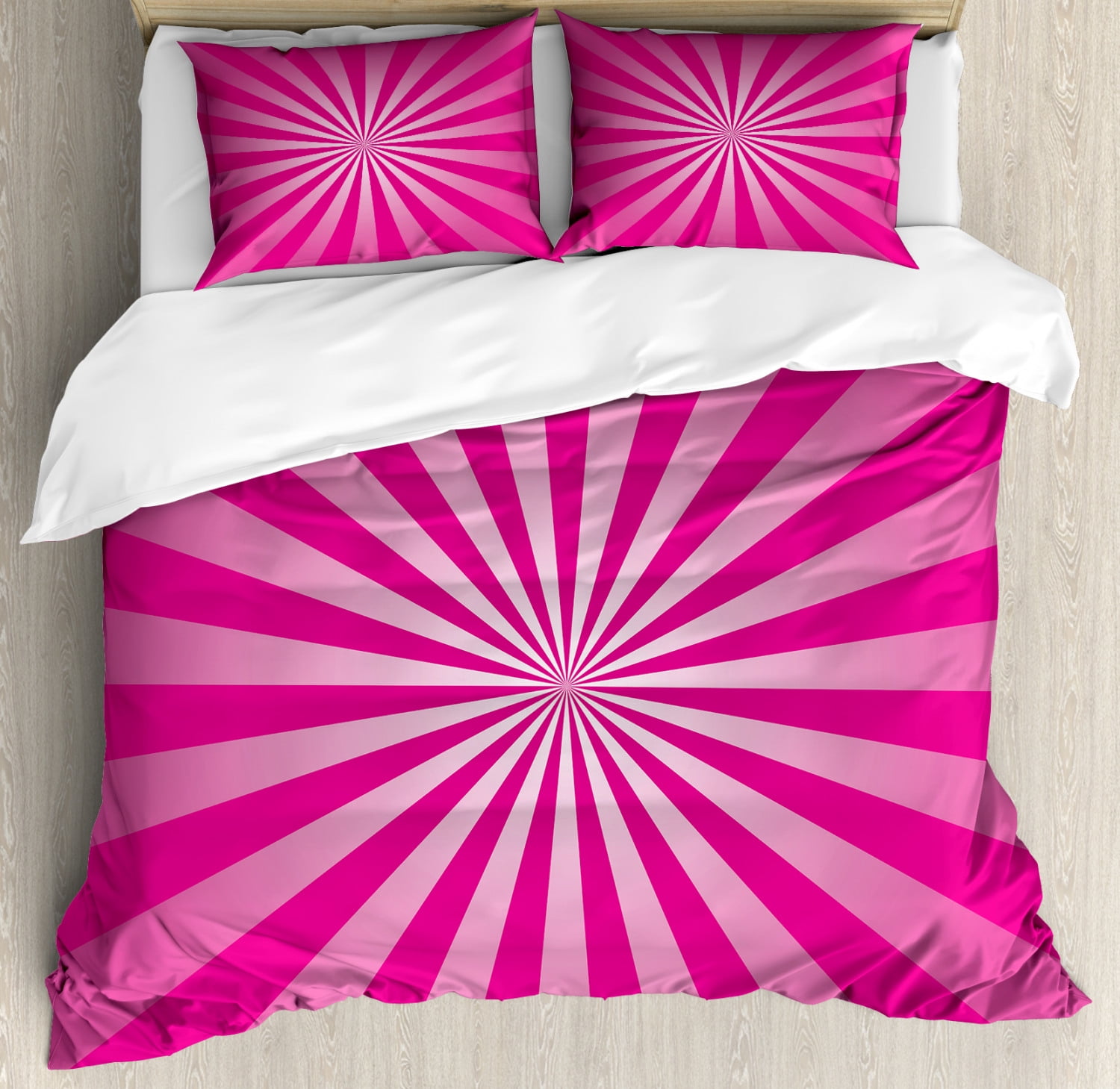 Hot Pink Duvet Cover Set, Retro Style Sunrays Inspired Pattern Grunge