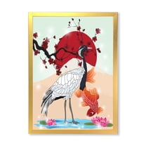 Designart 'Koi Fish With Crane Bird' Farmhouse Framed Art Print