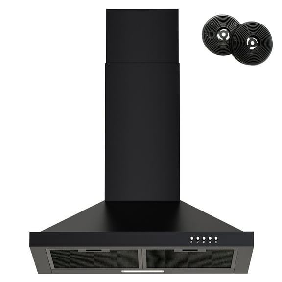 FIREGAS 24-Inch Black Wall Mounted Range Hood, 450m³/h Suction Power, Stylish Design with Two Smoke Evacuation Modes, 3-Speed Push Button Control,Convertible Ducted/Ductless