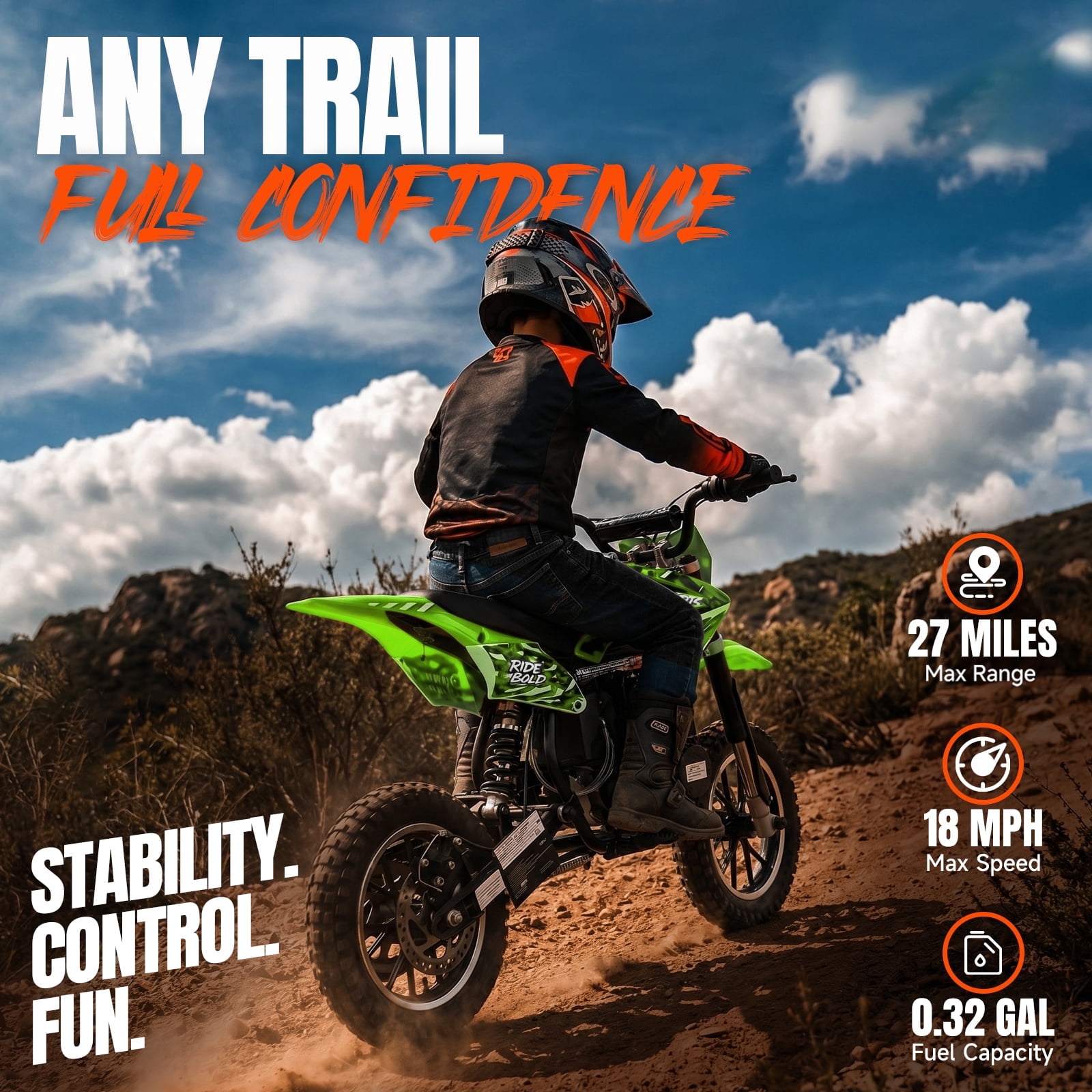 4-Stroke Gas Dirt Bike,39cc Gas Powered Off-Road Mini Bike,Mini Dirt Bike with 20mph Max Speed & 27 miles Max Range,Adjustable Suspension, Dual Disc Brakes,Epa Certified
